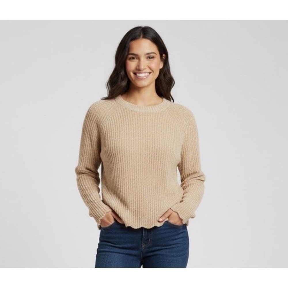 Alter'd State Chenille Knit Cozy Sweater Ivory XS Scalloped Hem Oversized‎